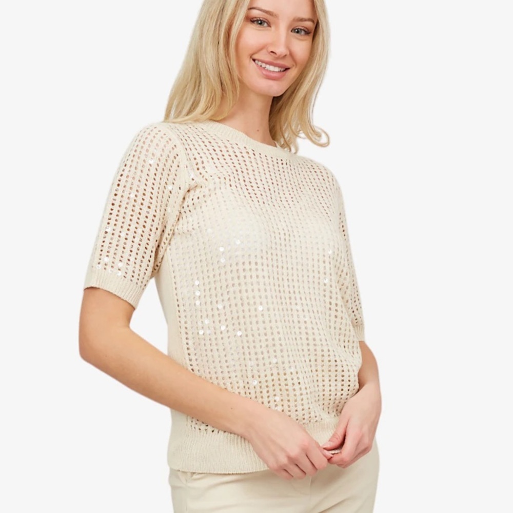 ASTRID (XS) Looking Glass Sequin Detailed Knit Top Sand Semi-Fitted Soft NWT